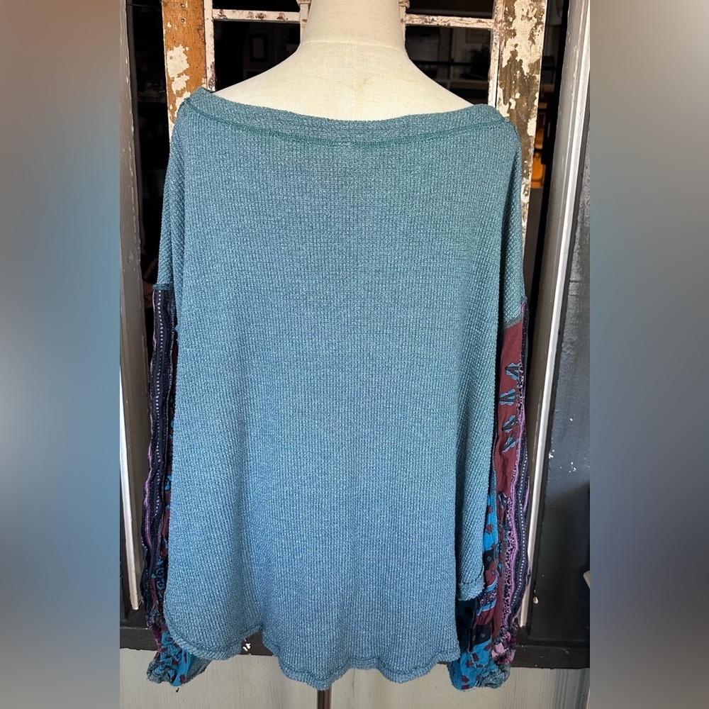 Free People Blossom Oversized Thermal Teal Waffle Knit Boho Dolman Top M - Picture 4 of 8